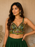 Green Mirror Work Blouse for Women – Handmade Embroidered Ethnic Crop Top for Lehenga &amp; Saree