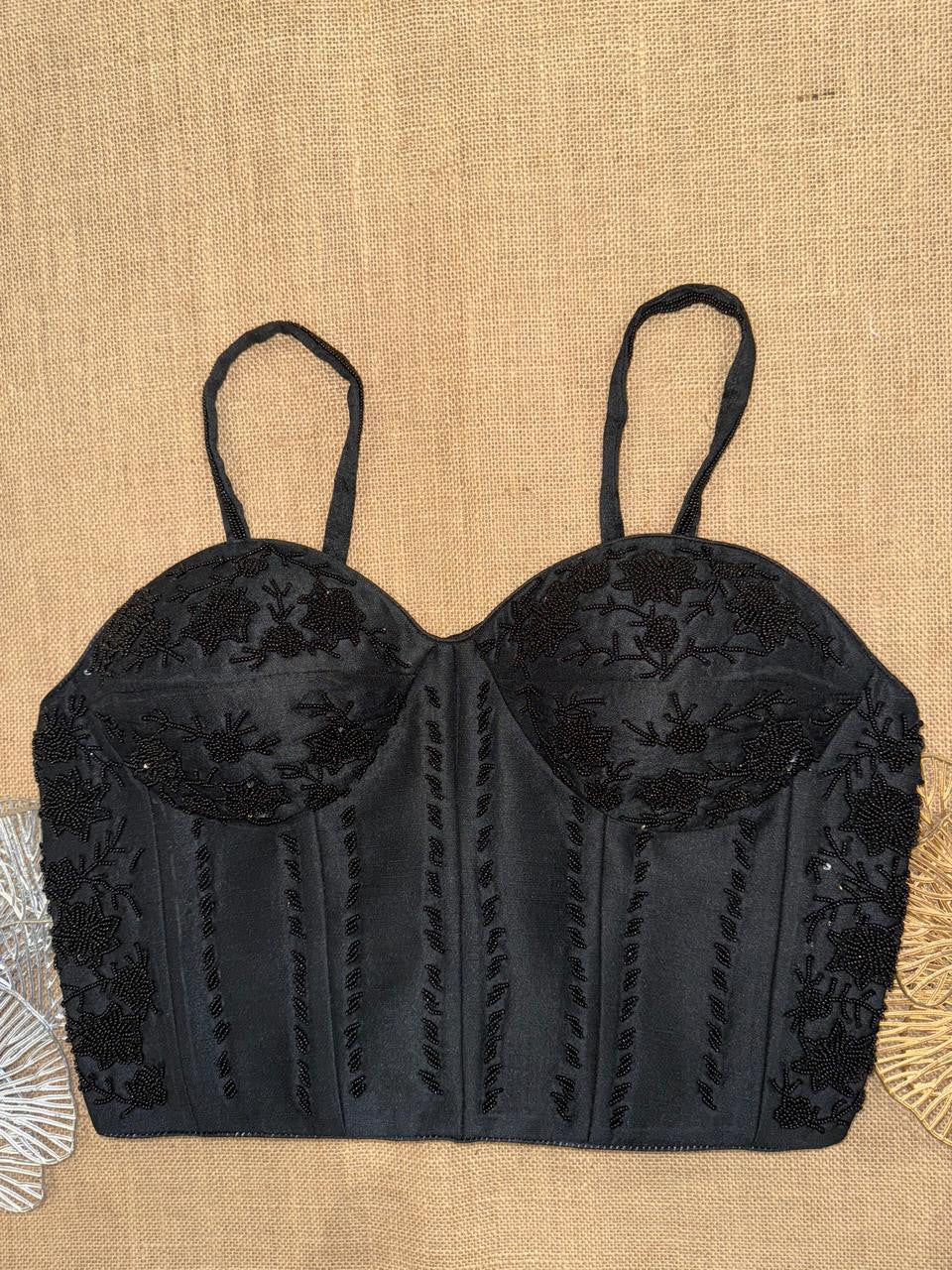 Black Silk Hand Beaded Sweetheart Blouse | Padded Corset Saree Top with Back Dori | Floral Bead Embroidery