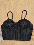 Black Silk Hand Beaded Sweetheart Blouse | Padded Corset Saree Top with Back Dori | Floral Bead Embroidery