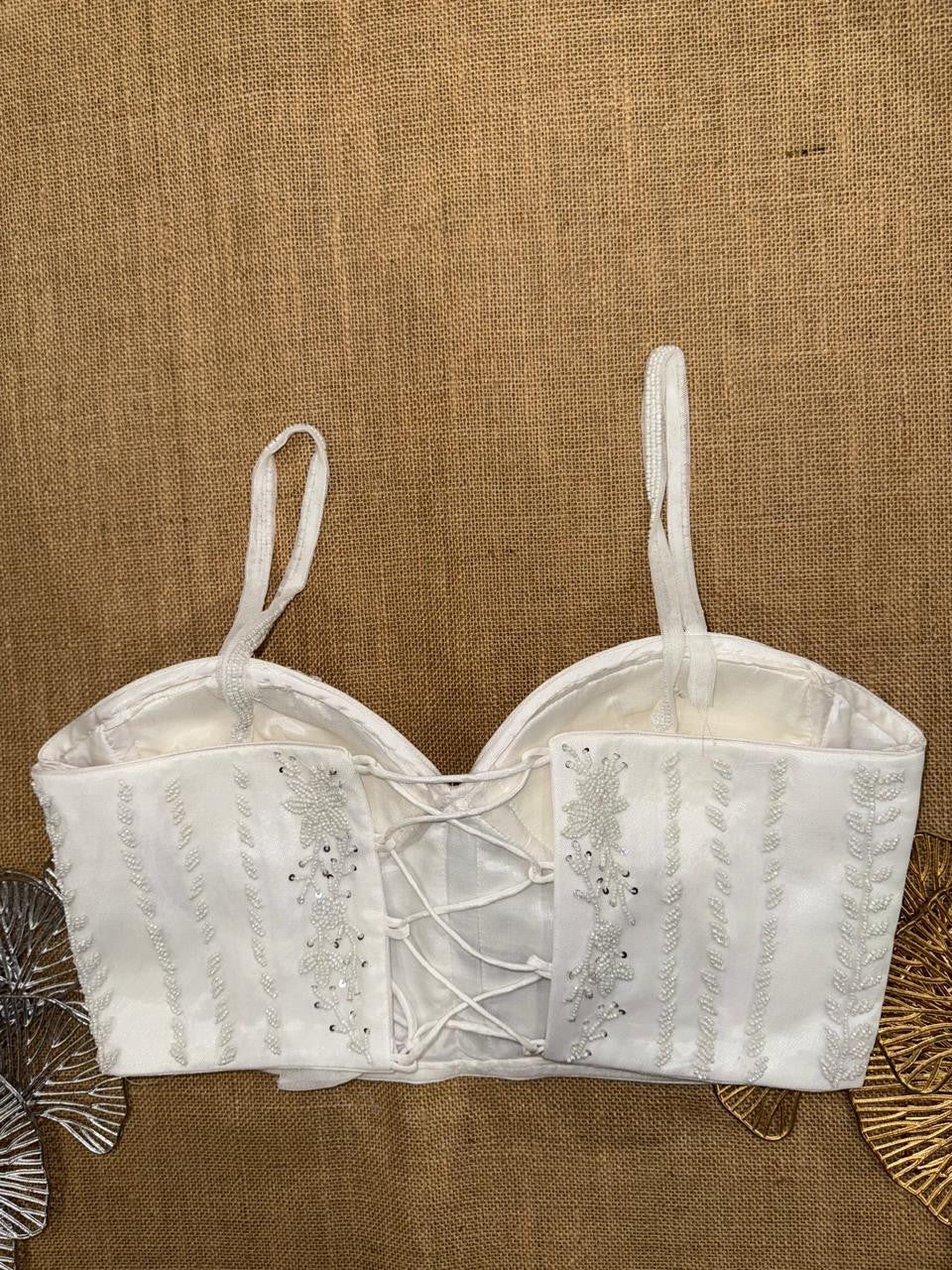 White Silk Embroidered Sweetheart Blouse | Padded Bridal Corset Top with Back Dori | Hand Beaded Sequin Work