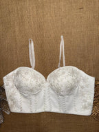 White Silk Embroidered Sweetheart Blouse | Padded Bridal Corset Top with Back Dori | Hand Beaded Sequin Work