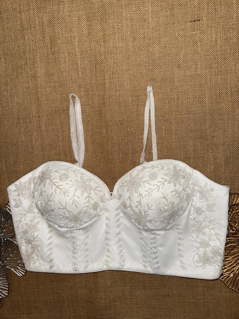 White Silk Embroidered Sweetheart Blouse | Padded Bridal Corset Top with Back Dori | Hand Beaded Sequin Work