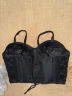 Black Silk Hand Beaded Sweetheart Blouse | Padded Corset Saree Top with Back Dori | Floral Bead Embroidery
