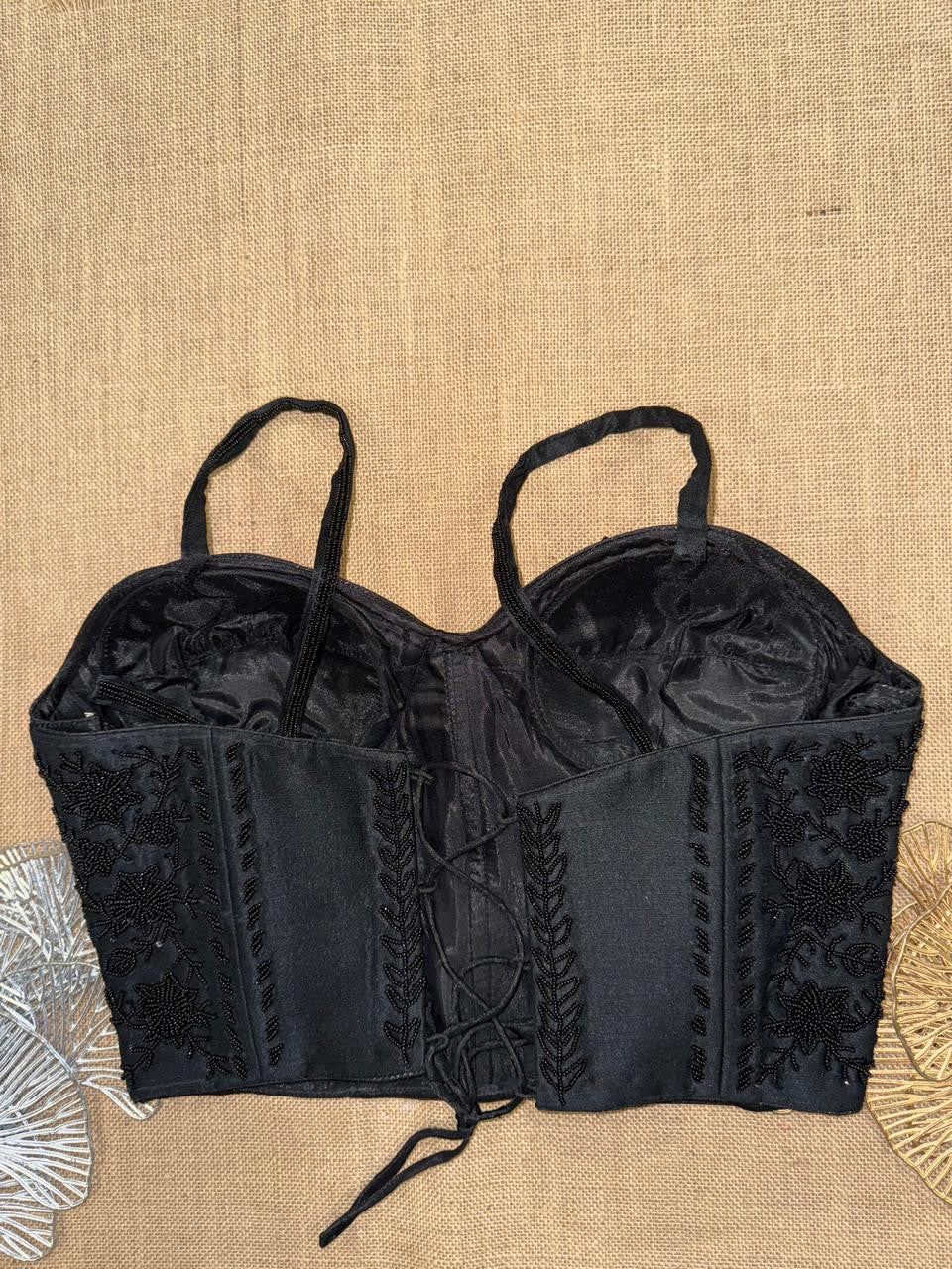 Black Silk Hand Beaded Sweetheart Blouse | Padded Corset Saree Top with Back Dori | Floral Bead Embroidery