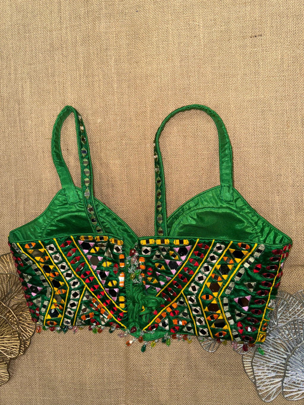 Green Mirror Work Blouse for Women – Handmade Embroidered Ethnic Crop Top for Lehenga &amp; Saree
