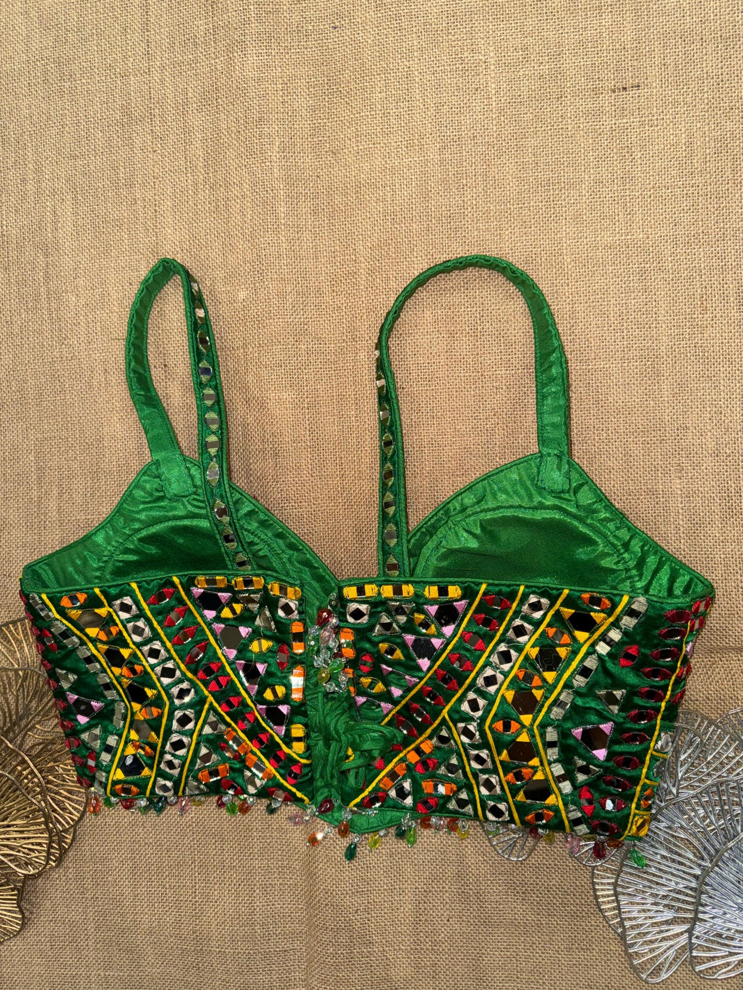 Green Mirror Work Blouse for Women – Handmade Embroidered Ethnic Crop Top for Lehenga &amp; Saree